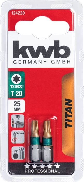 'Packaging containing two KWB titanium Torx bits, size T20, 25 mm long. Suitable for professional applications.'