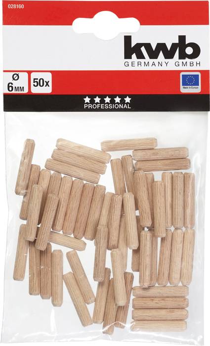 A pack of 50 wooden dowels, 6 mm diameter, from 'kwb Germany GmbH'. Packaging displays EU logo, five stars and the word 'Professional'.