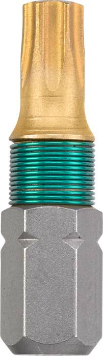 A golden and green screwdriver bit with a knurled shaft, suitable for specialised screw types.