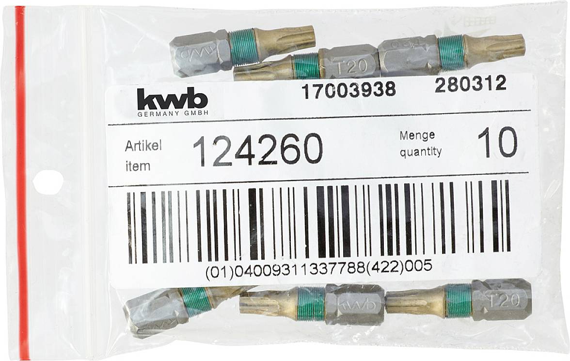 The image shows a transparent plastic bag containing Torx screwdriver bits, with a barcode and the text '124260' printed on it.