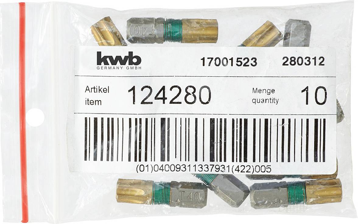Plastic bag containing several identical metal pieces, label shows 'kwb GERMANY GMBH', article number '124280', quantity '10'.
