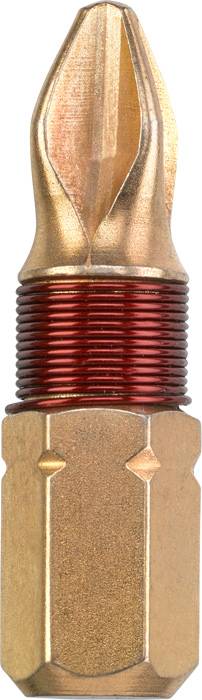 A golden screwdriver bit with a red metallic coating on the tip, suitable for cross-head screws, close-up view.
