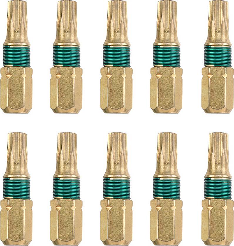 Ten golden specialised screws with ridged heads and green centres, evenly arranged in two rows.