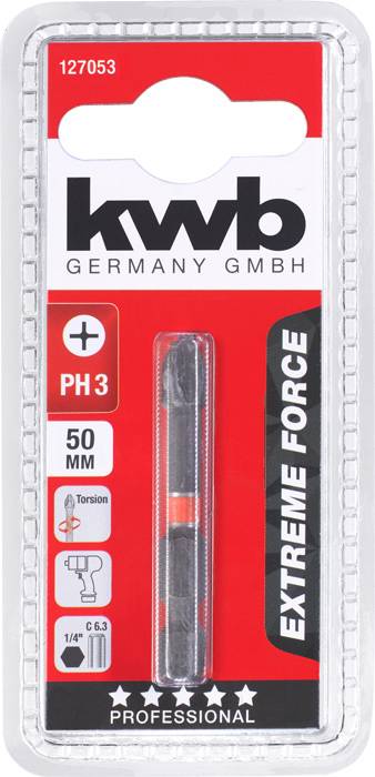 Packaged drill bit by 'kwb Germany GmbH', PH3, 50 mm, Extreme Force. Contains symbols: Torsion, 1/4" and C 6.3.