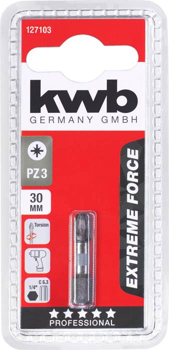 A KWB screwdriver bit for PZ3 screws, 30 mm in length. Packaging highlighted: 'Extreme Force' and 'Professional'.