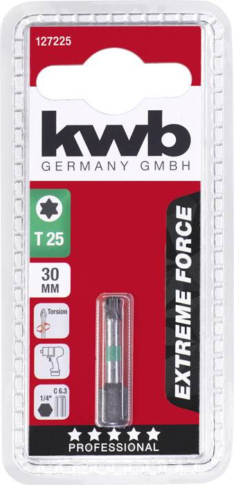 'kwb' screwdriver bit pack, Type T25, length 30 mm, for Torx screws. Contains details: Torsion, 1/4" C6.3, Extreme Force, 5 Star Professional.