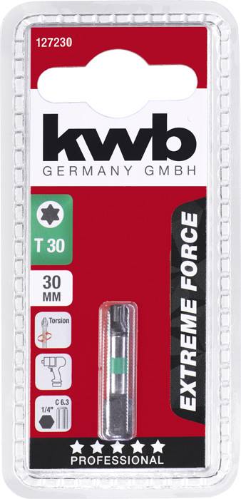 Packaging for a Torx screwdriver T30, 30 mm, by kwb Germany GmbH, suitable for professional applications, 'Extreme Force'.