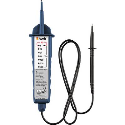 A voltage tester with test probe and cable. Displays AC voltage values: 6, 12, 24, 60, 120, 230, 400 V. Markings on housing present.