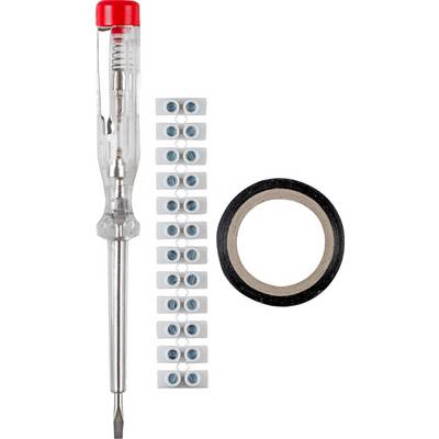 'Phase tester, terminal blocks and insulating tape'; tools for electrical installation.
