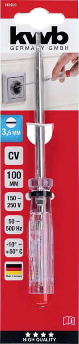 'Phase Tester, 3.5 mm, 100 mm length, suitable for 150-250 V, 50-500 Hz, operating temperature -10° to +50° C. Kwb Germany GmbH.'
