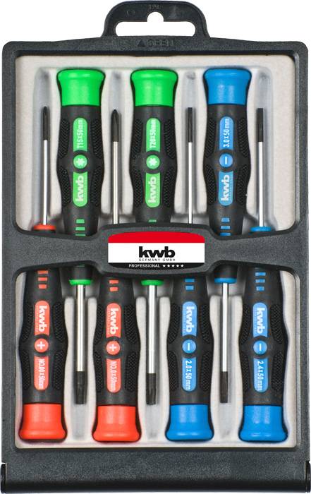 Screwdriver set in a plastic packaging, containing six screwdrivers in various sizes and colours, with brand name visible.