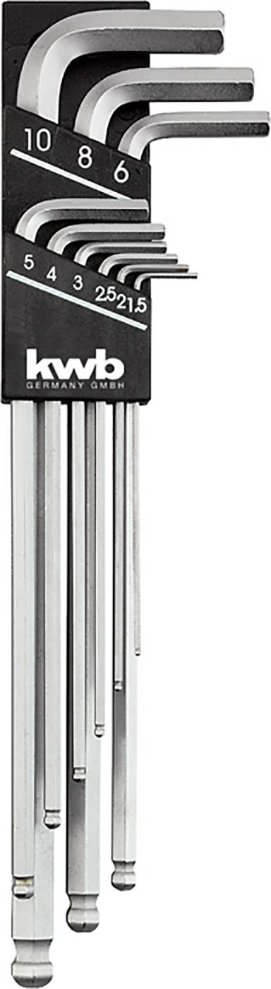 Set of hex key Allen wrenches in varying sizes, from 2.5 to 10 mm. Marked with the 'kwb Werkzeug GmbH' logo.