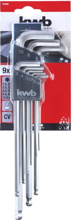 '9-piece hexagonal Allen key set by kwb, sizes 1.5 to 10 mm, chrome vanadium steel, packed in a transparent holder on a red background.'