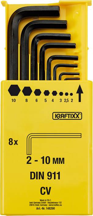 Yellow set of eight Allen keys in sizes ranging from 2 to 10 mm. Packaging displays size labels and an upward arrow.