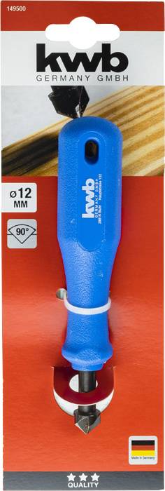 Deburring tool with blue handle, 12 mm blade thickness, suitable for 90-degree edges. Packaging by 'kwb Germany GmbH'.