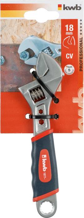 'Adjustable Spanner, 18 mm, packaged on cardboard with brand logo, suitable for professional applications.'