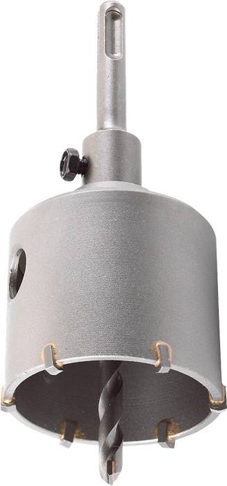 A drill crown attachment with a metal body and central drill bit, suitable for drilling large holes in building materials.