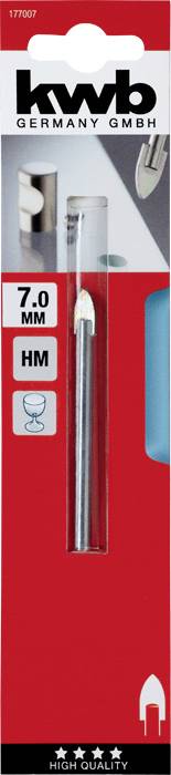 Packaging for a 7.0 mm tungsten carbide drill bit by KWB Germany GmbH, suitable for tiles. Product visible through the transparent section of the packaging.