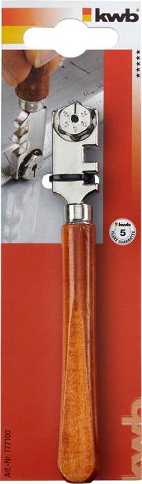Glass cutter with wooden handle, brand name 'kwb' on the packaging, suitable for glass thicknesses up to 5 mm. Includes illustration of application.