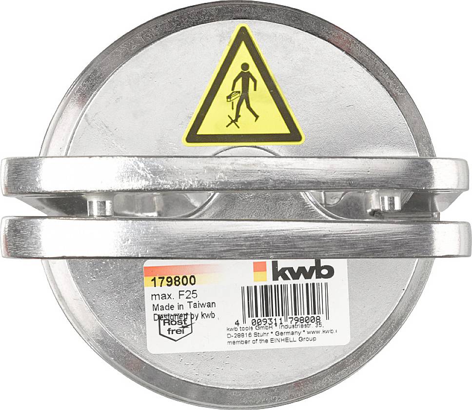 'Kwb' manhole cover key with warning symbol of a tilting person. Text: 'max. F25, Made in Taiwan'.