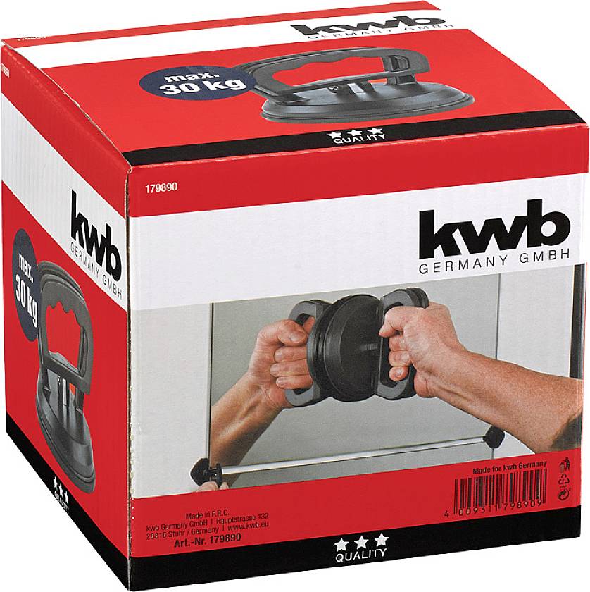 A red KWB carton shows a suction lifter that can carry up to 30 kg. The image depicts two hands using the lifter.