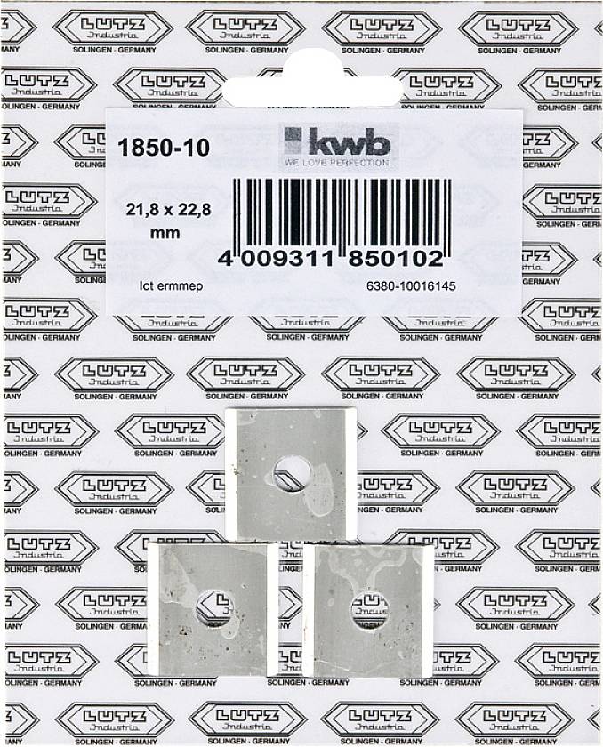 Label for tool spare parts '1850-10', dimensions: 21.8 x 22.8 mm, on repeated brand pattern background with barcode label.