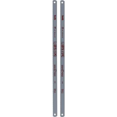 Two metal hacksaw blades side by side, each with a series of teeth and printed with red text.