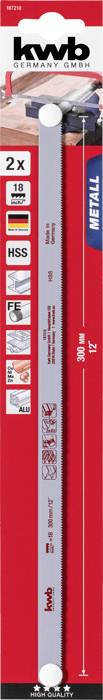 'kwb Metal Hacksaw Blades 2 Pieces, 300 mm, HSS' Packaging, Red and White Colours, Information: HSS, Suitable for Metal Cutting.