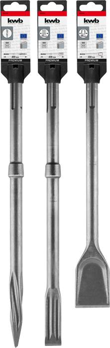 Three different chisels: flat chisel, point chisel and wide blade chisel, all made of steel and suitable for use with drilling machines.