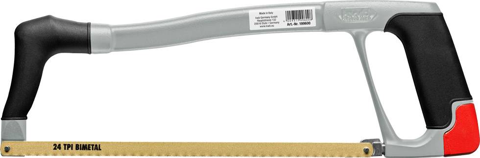 In the picture, there is a metal saw with an ergonomic handle and a 24 TPI bi-metal saw blade.