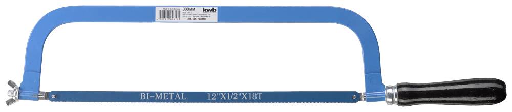A hand saw with a blue metal frame and black handle; the frame bears the inscription 'BI-METAL 12" x 1/2" x 18T'.