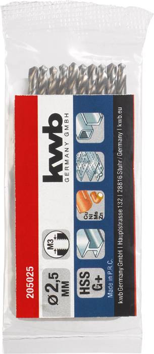 'Pack of HSS drill bits, 12 pieces, size Ø2.5 mm. Suitable for metal, prominently displayed on red and blue background.'