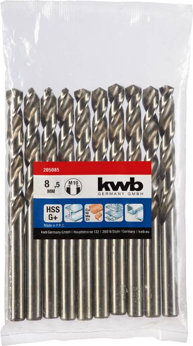 Metal drill bit set by 'kwb' with 8.5 mm diameter, 10 pieces. Packaging displays product specifications and manufacturing information.