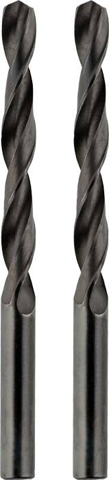 Two black spiral drill bits standing upright side by side on a white background.