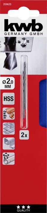 'kwb Drill Bit 2.0 mm' packaging shows a metal drill bit. Suitable for wood, metal and plastic. Includes 2 pieces.