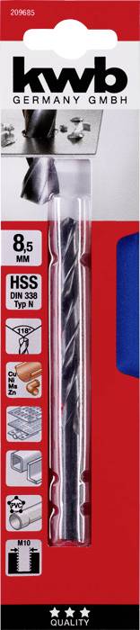 Packaging of an 8.5 mm HSS spiral drill bit by KWB Germany GmbH, suitable for metalworking, showing drill bit and application symbols.