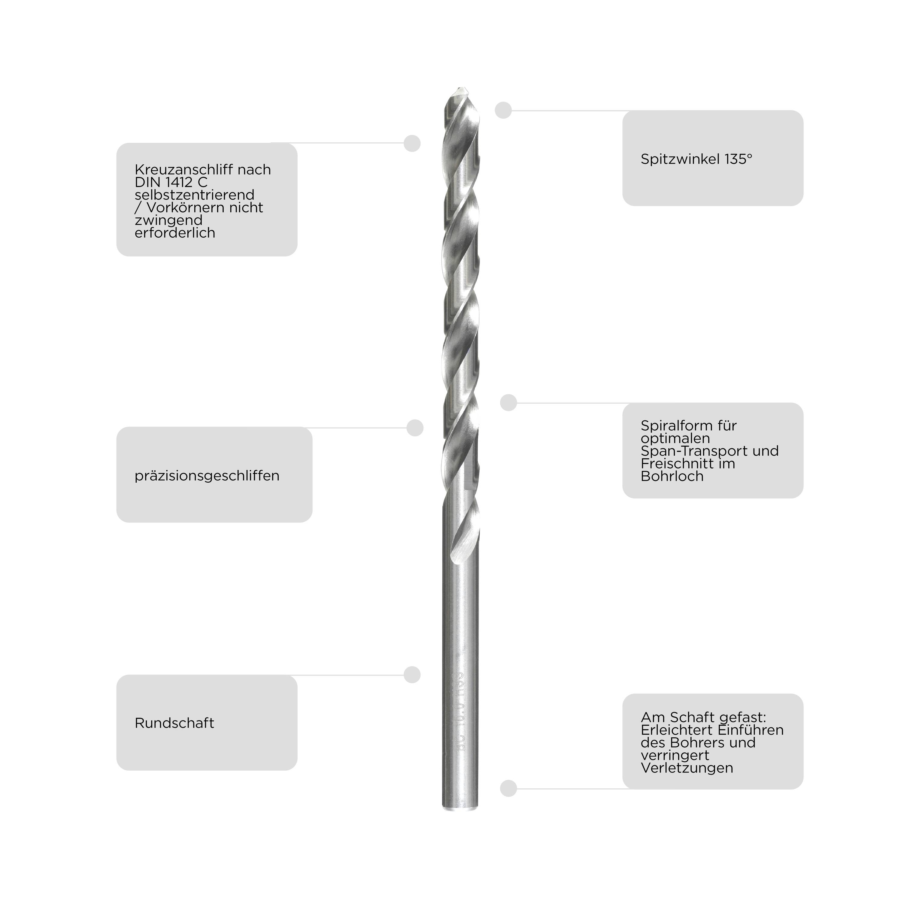 A metallic-coloured drill bit with a spiral form. Details: Cross-point design for positioning, 135-degree point angle, precision-ground, round shank.