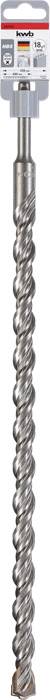 Drill bit with a spiral cutting edge and rounded tip, suitable for concrete and masonry, packaged in clear plastic.