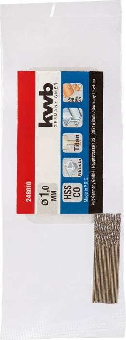 Packaging with drill bit set, 1.0 mm, brand 'kwb', suitable for metalworking. Includes HSS, titanium and cobalt options.