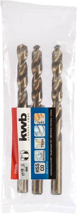 'Three HSS-Co metal drill bits, size 9.5 mm, packaged in a transparent plastic sleeve with red and blue label.'