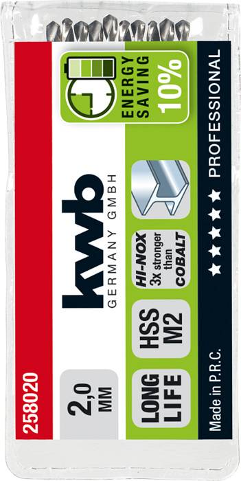 A pack of drill bits by 'kwb Germany GmbH', 2.0 mm, with features such as 'Energy Saving', 'Hi-Nox', 'Long Life', manufactured in PRC.