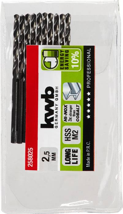 Drill Bit Set, 10 Pieces, 2.5 mm, Save 10%, HSS, Long-Lasting, Professional, Manufactured in PRC, Brand 'kwb Germany GmbH'