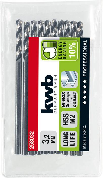 'kwb Germany' Drill Bit Set, 10-piece, 3.2 mm, HSS, M2, suitable for stainless steel, energy-efficient, long-term use, 10% longer-lasting.
