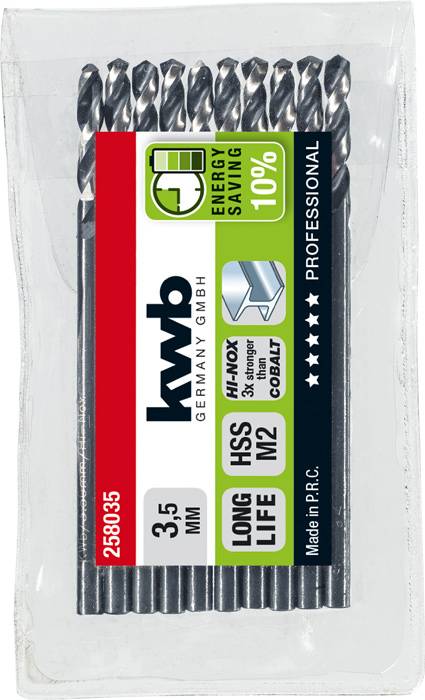 Set of metal drill bits by 'kwb Germany' 3.5 mm, HSS quality, length 50 mm, eight pieces in plastic packaging, energy saving 10%.
