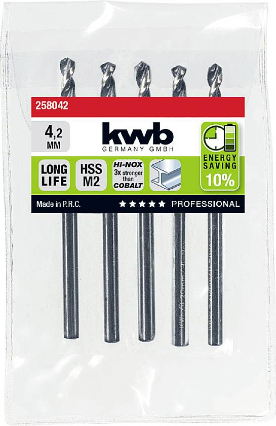 Packaging containing five 4.2 mm HSS drill bits by 'kwb'. Features: long service life, 10% energy saving, HSS M2, professional.