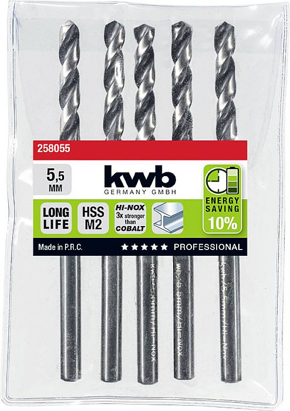 'Pack of five HSS drill bits, 5.5 mm diameter, long-lasting and energy-efficient. Contains note: Three times stronger than cobalt.'