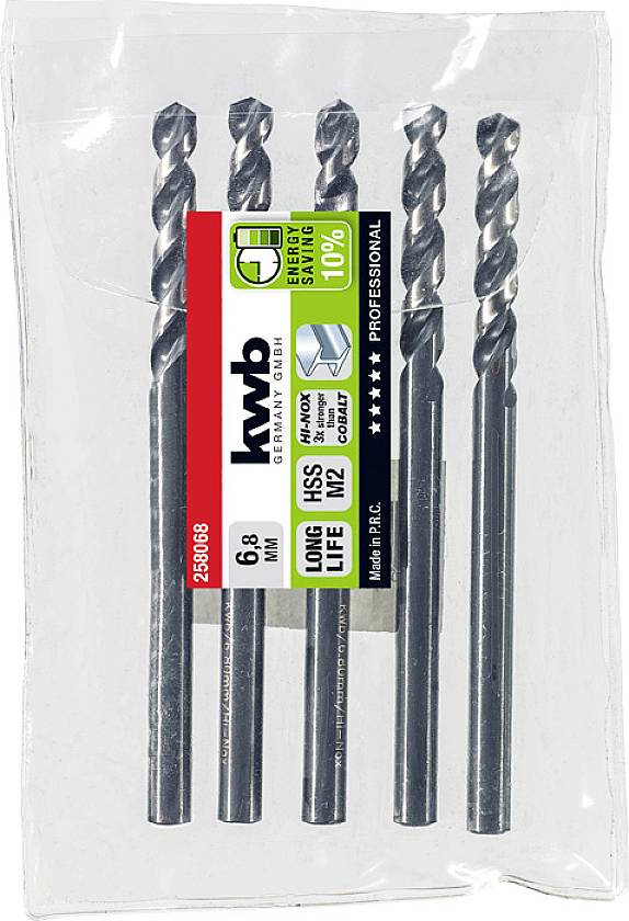 Pack of five HSS drill bits, 6.8 mm diameter, suitable for metal. Packaging with product details and brand logo.