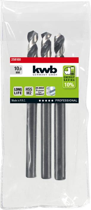 'Three HSS drill bits by kwb, size 10.0 mm, with high durability and 10% energy saving.'