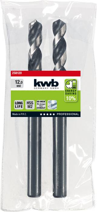 'Set of two HSS metal drill bits by kwb brand, size 12.0 mm, manufactured in P.R.C., packaged in transparent plastic film.'