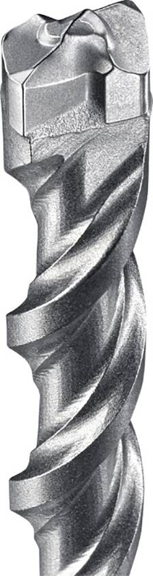 Close-up of a silver metal drill bit with a spiral design, suitable for drilling operations in hard materials.